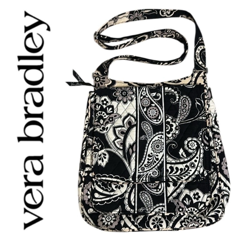 Vera Bradley Black, Tan & Cream Paisley Floral Bucket Cross Body Bag EUC